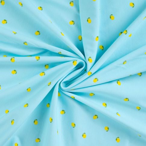 Tissu Jersey Coton imprimés Citrons jaunes sur fond Bleu turquoise