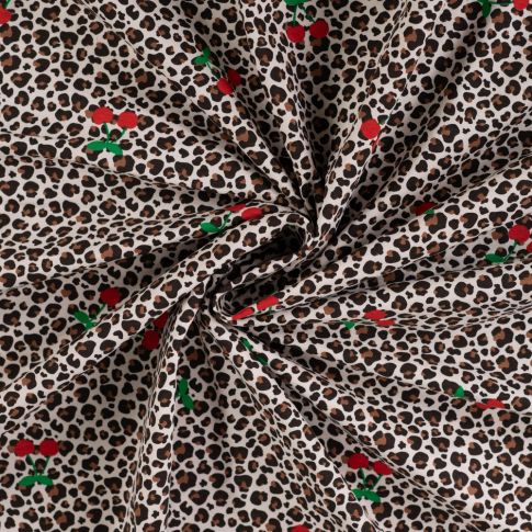 Tissus Jersey Coton imprimé Cerises et léopard sur fond Ecru