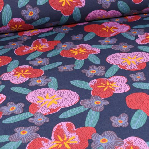 Tissu Jersey Coton Craftine Happiness flowers sur fond Bleu marine