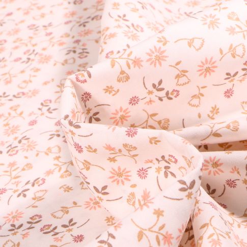 Tissu Popeline de coton Sweet Flower Fleur Lucie Rose sur fond Blanc