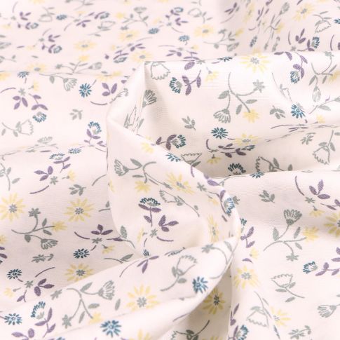 Tissu Popeline de coton Sweet Flower Fleur Lucie Vert sur fond Blanc