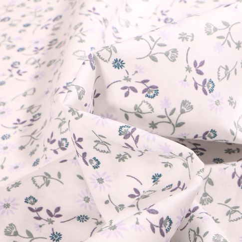 Tissu Popeline de coton Sweet Flower Fleur Lucie Mauve sur fond Blanc