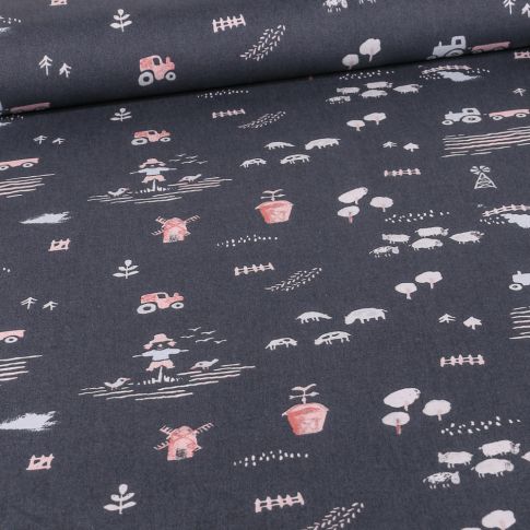 Tissu Coton imprimé Ferme de campagne sur fond Gris anthracite
