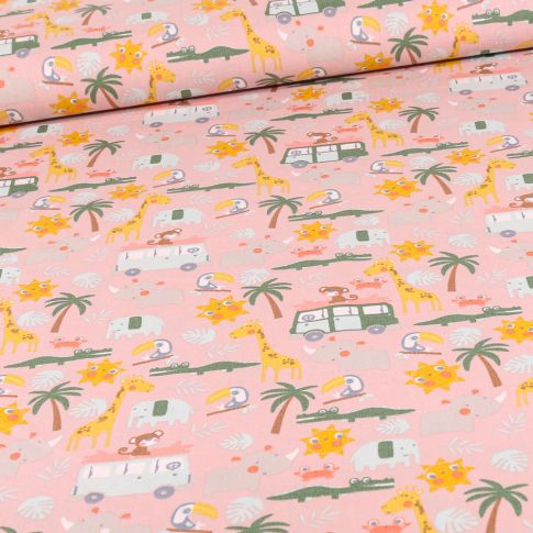 Tissu Coton imprimé LittleBird Camping safari sur fond Rose