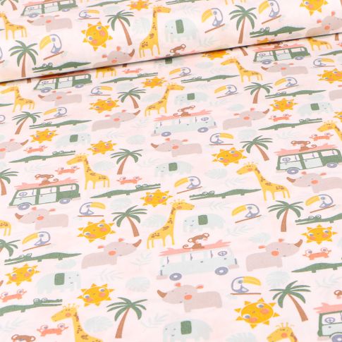Tissu Coton imprimé LittleBird Camping safari sur fond Blanc cassé