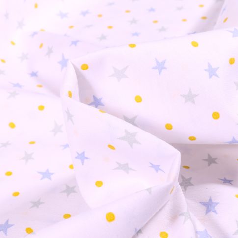 Tissu Coton imprimé LittleBird Etoiles et petits pois bleu sur fond Blanc