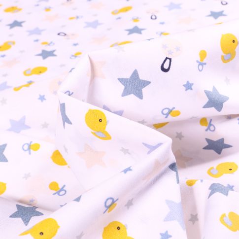 Tissu Coton imprimé Poussins et étoiles Bleu sur fond Blanc