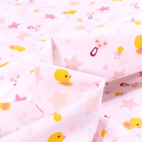 Tissu Coton imprimé Poussins et étoiles Rose sur fond Blanc