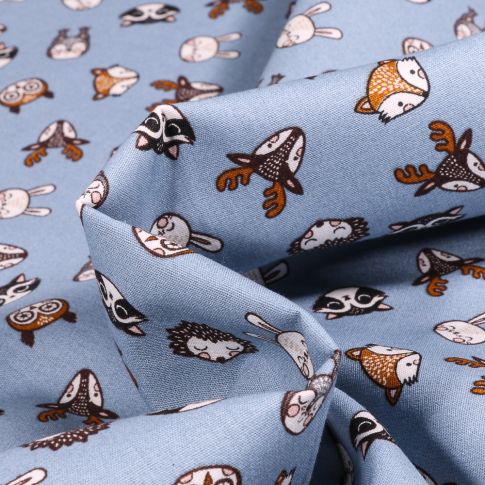 Tissu Coton imprimé Animaux de la forêt sur fond Bleu lavande
