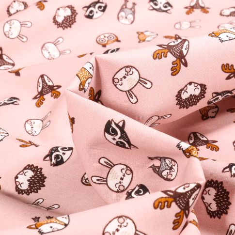 Tissu Coton imprimé Animaux de la forêt sur fond Rose clair