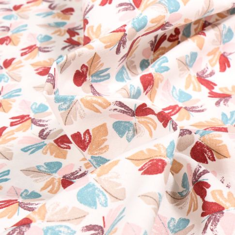 Tissu Coton imprimé Chila bordeaux sur fond Blanc cassé