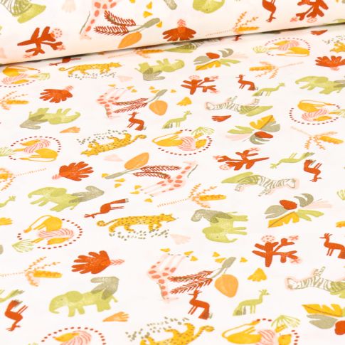 Tissu Coton imprimé Jungle mood orange sur fond Blanc cassé