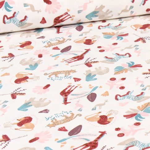 Tissu Coton imprimé Jungle mood bordeaux sur fond Blanc cassé