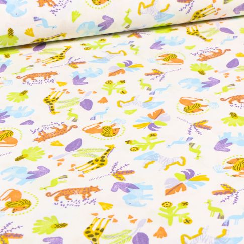 Tissu Coton imprimé Jungle mood lila sur fond Blanc cassé