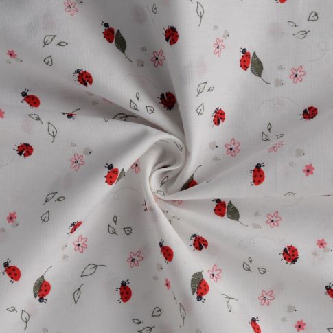 Tissu Popeline de Coton Coccinelles fleuris sur fond Blanc cassé