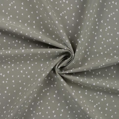 Tissu Popeline de  Coton  cœurs blancs Zivy sur fond Vert kaki clair