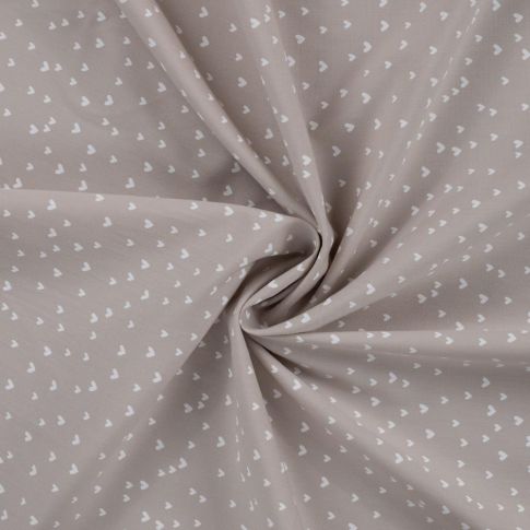 Tissu Popeline de  Coton  cœurs blancs Zivy sur fond Taupe
