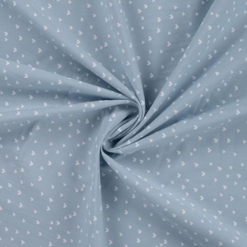 Tissu Popeline de  Coton  cœurs blancs Zivy sur fond Bleu gris
