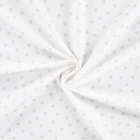 Tissu Popeline de Coton  patounes taupes Zumi sur fond Blanc cassé