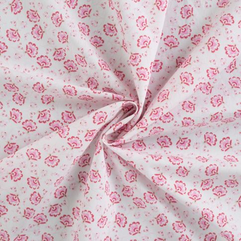Tissu Coton imprimé Fleurs indiennes roses sur fond Blanc