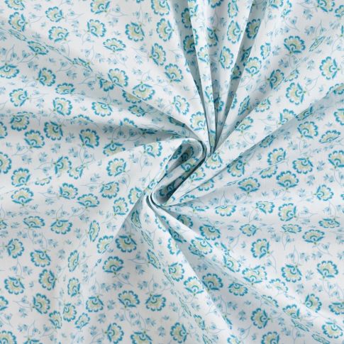 Tissu Coton imprimé Fleurs indiennes bleues sur fond Blanc