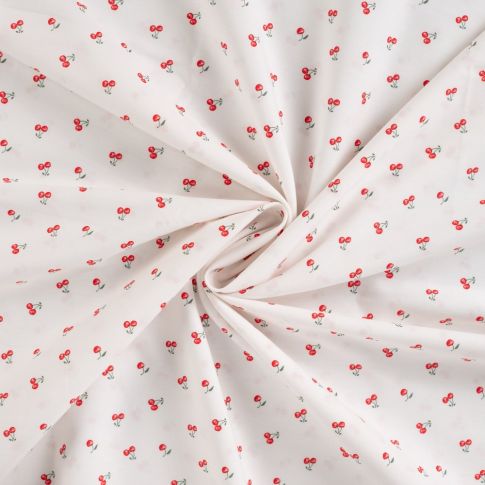 Tissu Coton imprimé Cerises rouges sur fond Blanc cassé