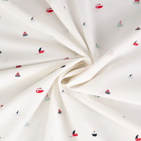 Tissu Coton imprimé Bateaux sur fond Blanc cassé