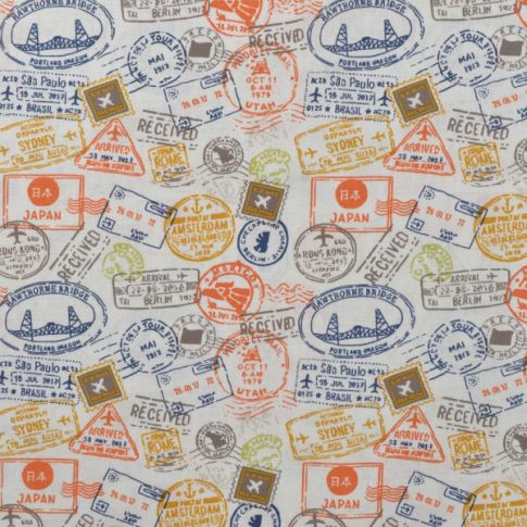 Tissu Coton imprimé Timbre sur fond Gris clair