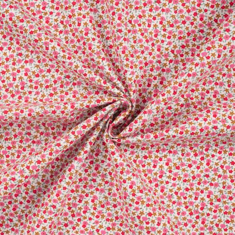 Tissu Popeline de Coton imprimé Lou fleuris rouge sur fond Blanc