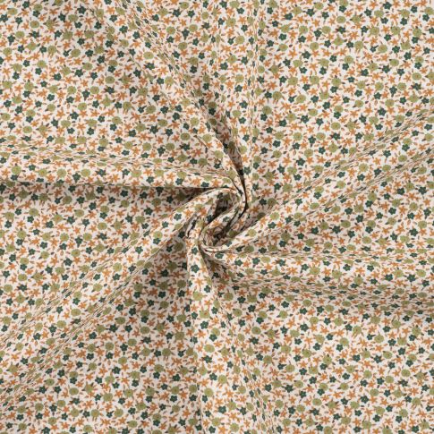 Tissu Popeline de Coton imprimé Lou fleuris vert sur fond Blanc