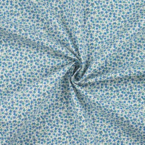 Tissu Popeline de Coton imprimé Lou fleuris bleu sur fond Blanc