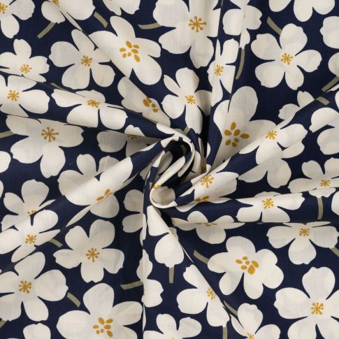 Tissu Popeline de Coton imprimé Fleurs à  cinq pétales sur fond Bleu marine