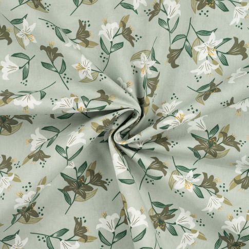 Tissu Popeline de Coton imprimé Lys stylisés sur fond Vert amande