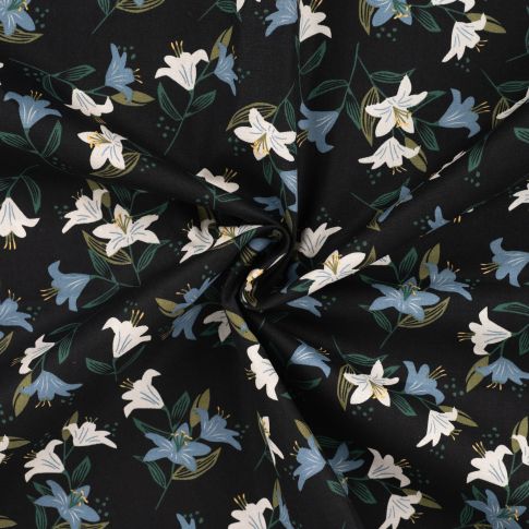 Tissu Popeline de Coton imprimé Lys stylisés sur fond Noir