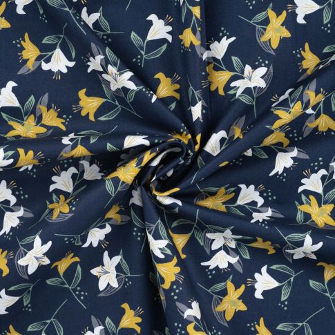 Tissu Popeline de Coton imprimé Lys stylisés sur fond Bleu marine