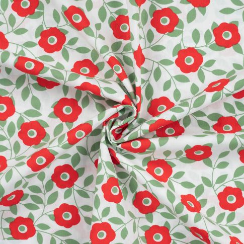 Tissu Popeline de Coton imprimé Fleuris Loulou vert et rouge sur fond Blanc