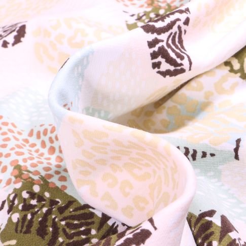 Tissu Sweat léger envers gratté Motifs abstraits animaux Kaki sur fond Blanc