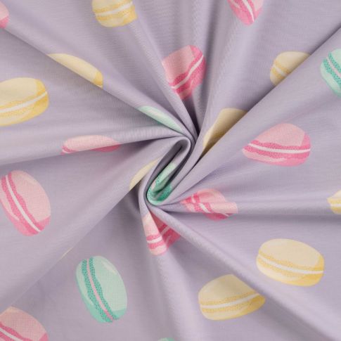 Tissu Jersey Coton envers gratté Marron jaune, rose et menthe sur fond Parme