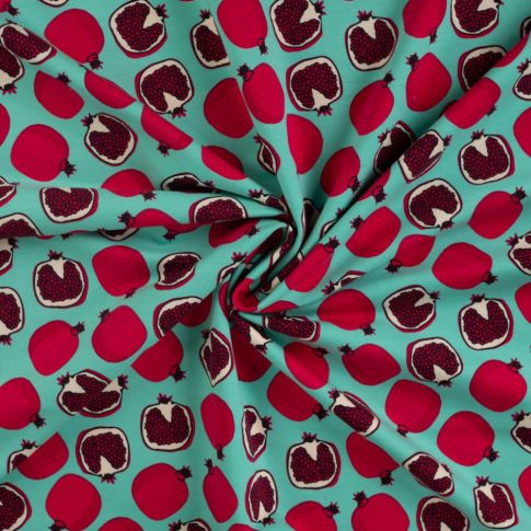 Tissu Jersey Coton envers gratté Grenades rouges sur fond Vert menthe