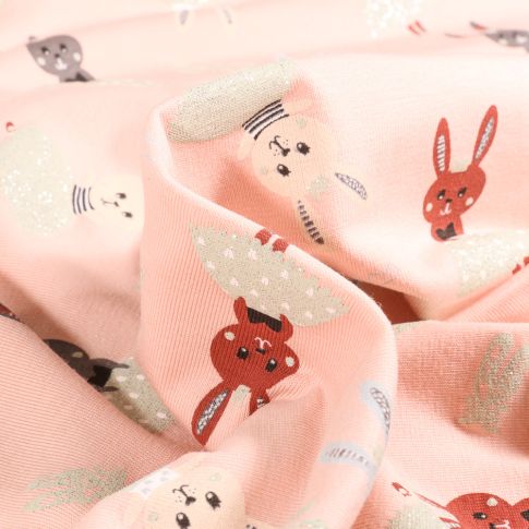Tissu Jersey Coton Petit lapins tutu pailletés sur fond Rose pâle