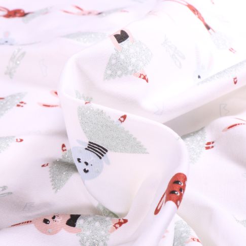 Tissu Jersey Coton Petit lapins tutu pailletés sur fond Blanc
