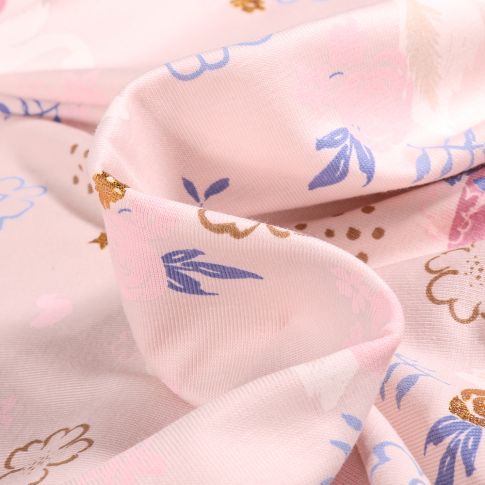 Tissu Jersey Coton Cygnes et fleurs dorées sur fond Rose clair