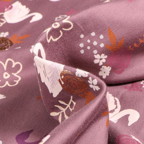Tissu Jersey Coton Cygnes et fleurs dorées sur fond Lie de vin