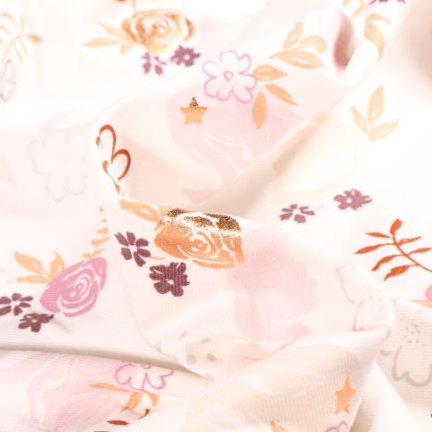 Tissu Jersey Coton Cygnes et fleurs dorées sur fond Ecru