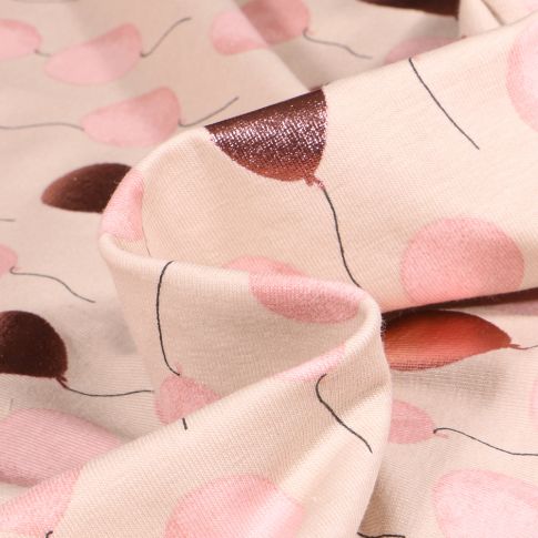 Tissu Jersey Coton Ballon métallisé rose sur fond Beige