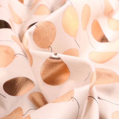 Tissu Jersey Coton Ballons métallisés rose gold sur fond Beige clair
