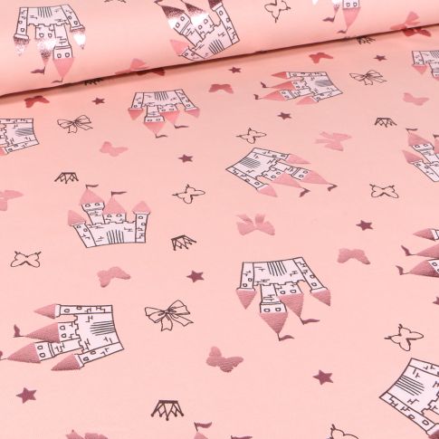 Tissu Jersey Coton Château de princesse nœud étoile sur fond Rose