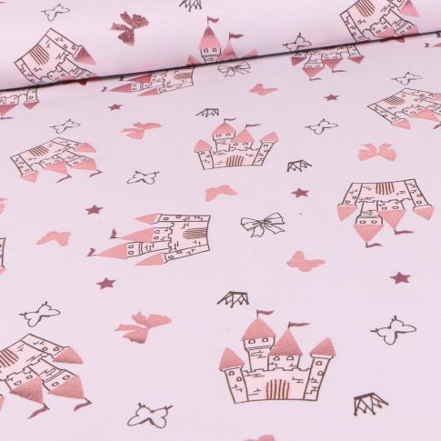Tissu Jersey Coton Château de princesse nœud étoile sur fond Mauve