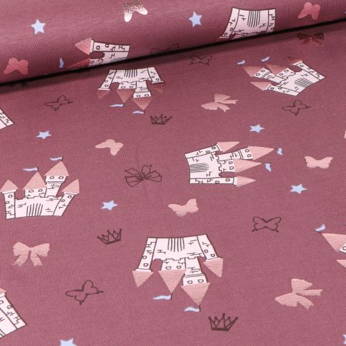 Tissu Jersey Coton Château de princesse nœud étoile sur fond Prune