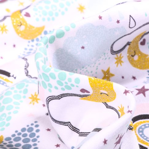 Tissu Jersey Coton Nuage lune et arc en ciel Glitter sur fond Blanc